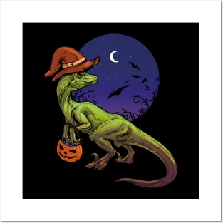 Halloween raptor t rex with pumpkin jack o'lantern and sweets Posters and Art